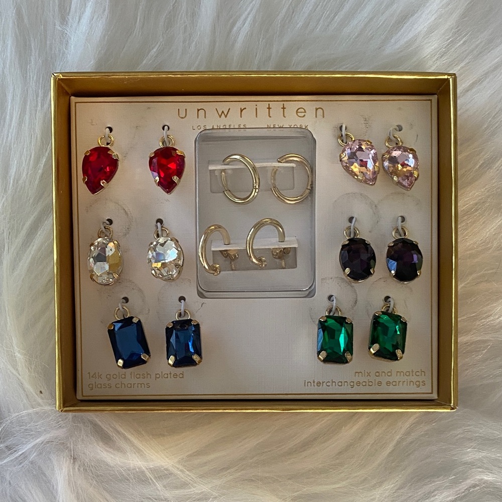 Unwritten Multicolor Crystal Drop Earring Set with Gold Hoops / NIB
